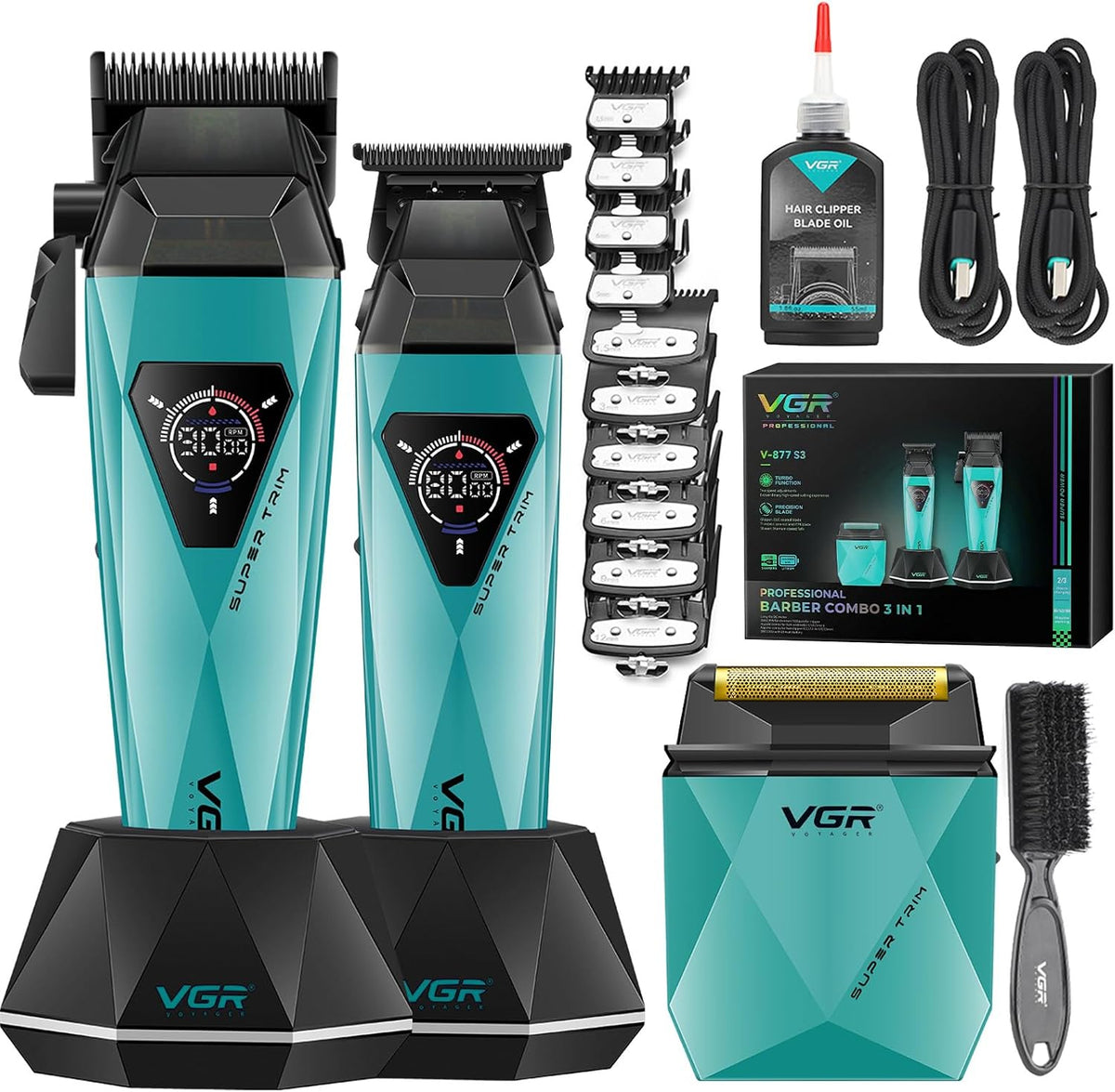 Tondeuse à cheveux, 877S3 3 en 1 kit de coiffure avec tondeuse Trimmer rasoir à grille, VGR, 877S3 3 en 1, 2000mAh, 240V, éclairage LED