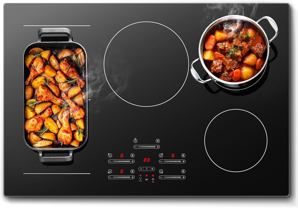 KICHPOWER Plaque de cuisson, 9 niveaux de puissance avec Booster, 77 cm, 9500 W, 2500 W, 3200 W, 2400 W, 2000 W, 9500W, 5 zones