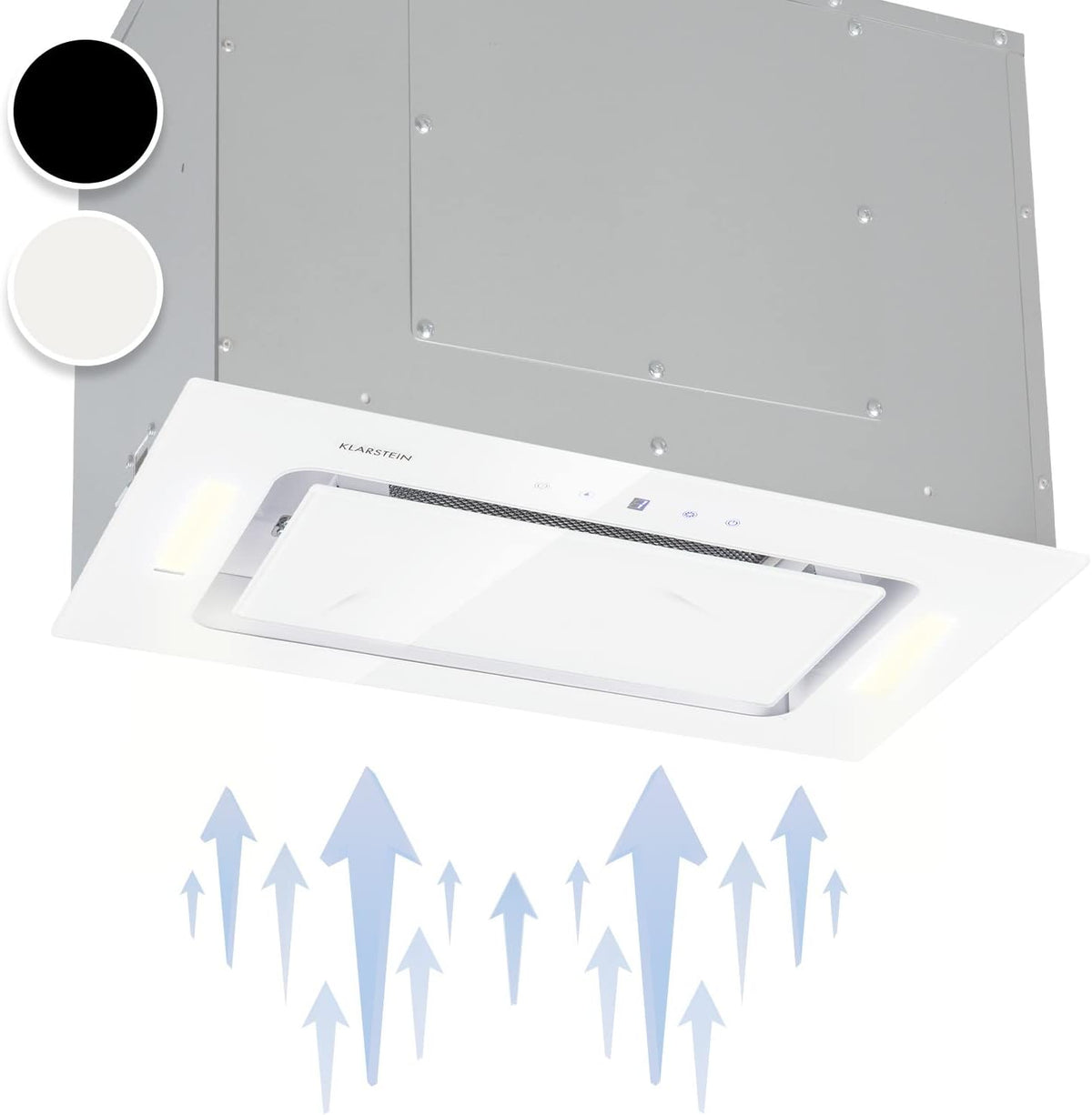 Hotte aspirante KLARSTEIN, éclairage LED, 52 cm, verre, 50 cm, 27, 5 cm, 190 W, 3 vitesses, 190W, 530 m3/h, Écran tactile LED, Blanc