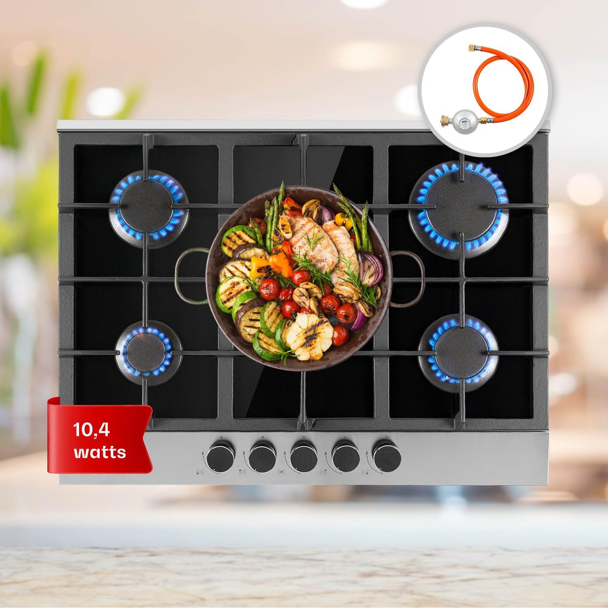 Plaque de cuisson KLARSTEIN, acier inoxydable, 10.4 kW, Piano Cuisine en Acier Inoxydable, 5 Brûleurs, 10.4kW, Table de Cuisson à Gaz 5 Brûleurs