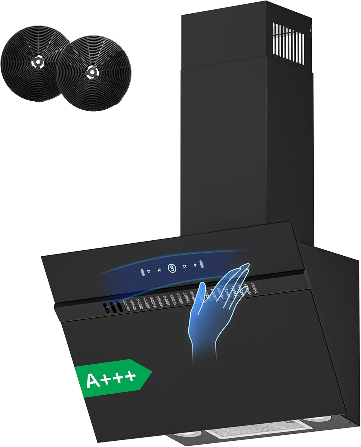 Hotte aspirante FIREGAS, éclairage LED, 60 cm, verre, 61 dB, 1, 5 W, 9 vitesses, 684 m3/h, Noir, commande tactile, filtre à charbon