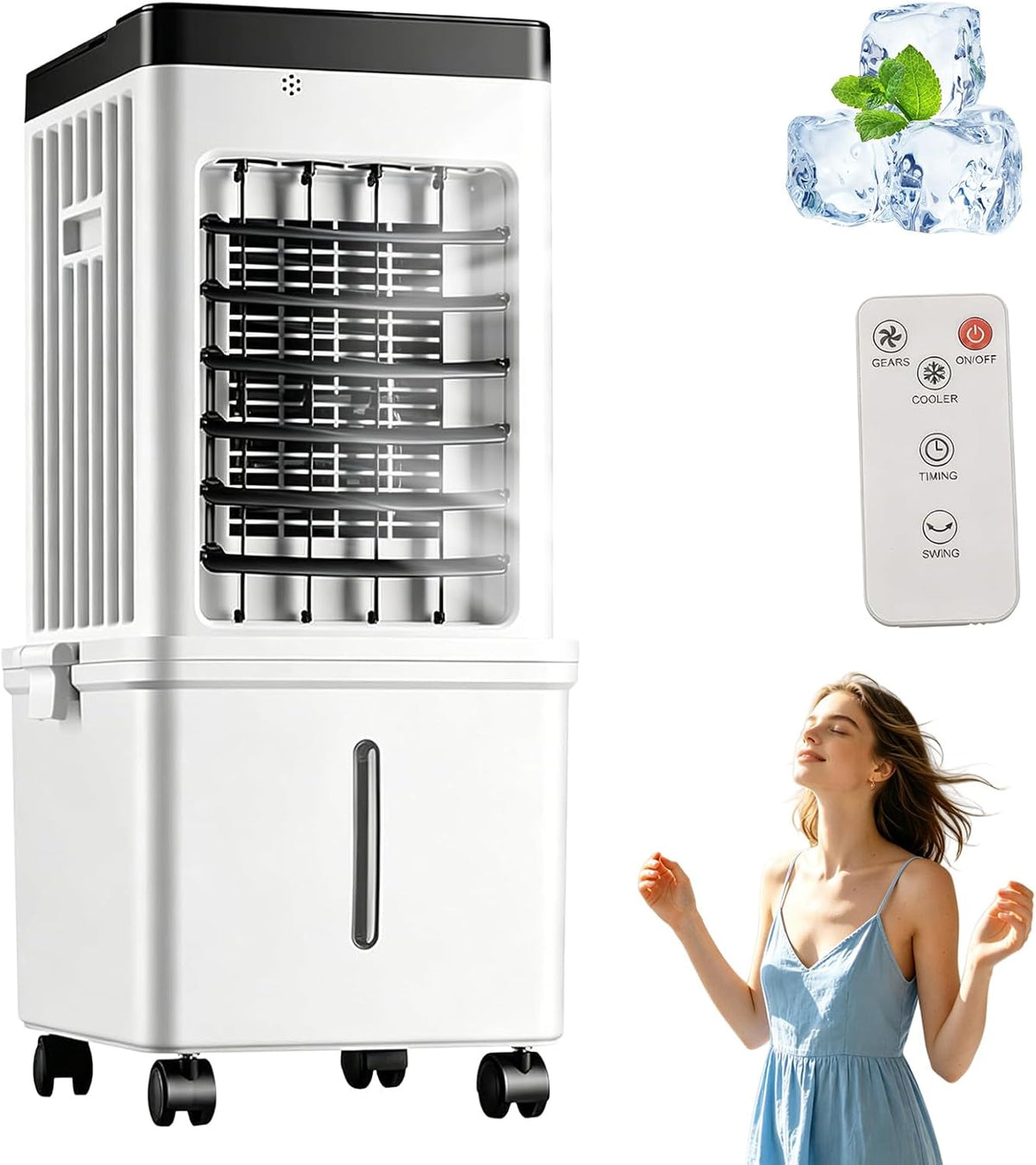 Rafraîchisseur d'air, Télécommande Minuterie pour Maison Bureau, 3 Vitesses, Revuterc, 3 Modes, 27 × 23 × 60 cm, 65 dB, 15 L, 65 W, 3 niveaux, 15L