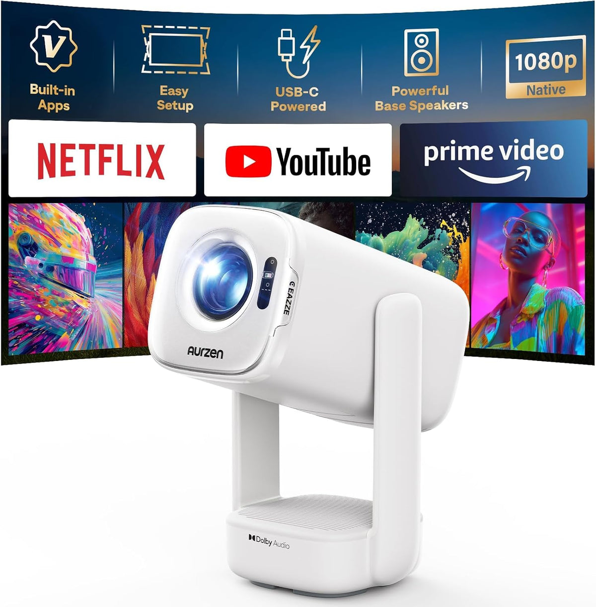 Vidéoprojecteur Aurzen, Wi-Fi, 100 pouces, 65W, HDR10, portable