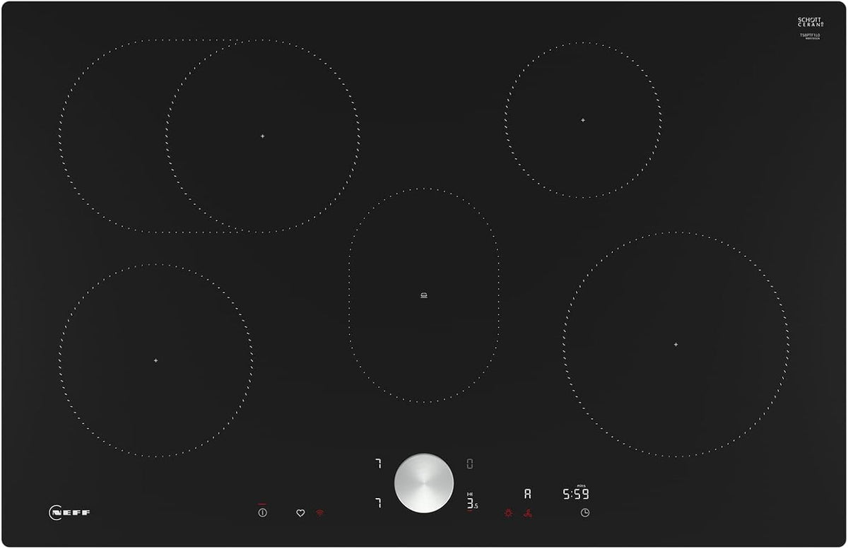 Neff T58PTF1L0 Plaque de cuisson, 80 cm, Wi-Fi, 17 niveaux, 2 niveaux, 80 cm de large, niveau de puissance, N 90, noir, minuterie, encastrable