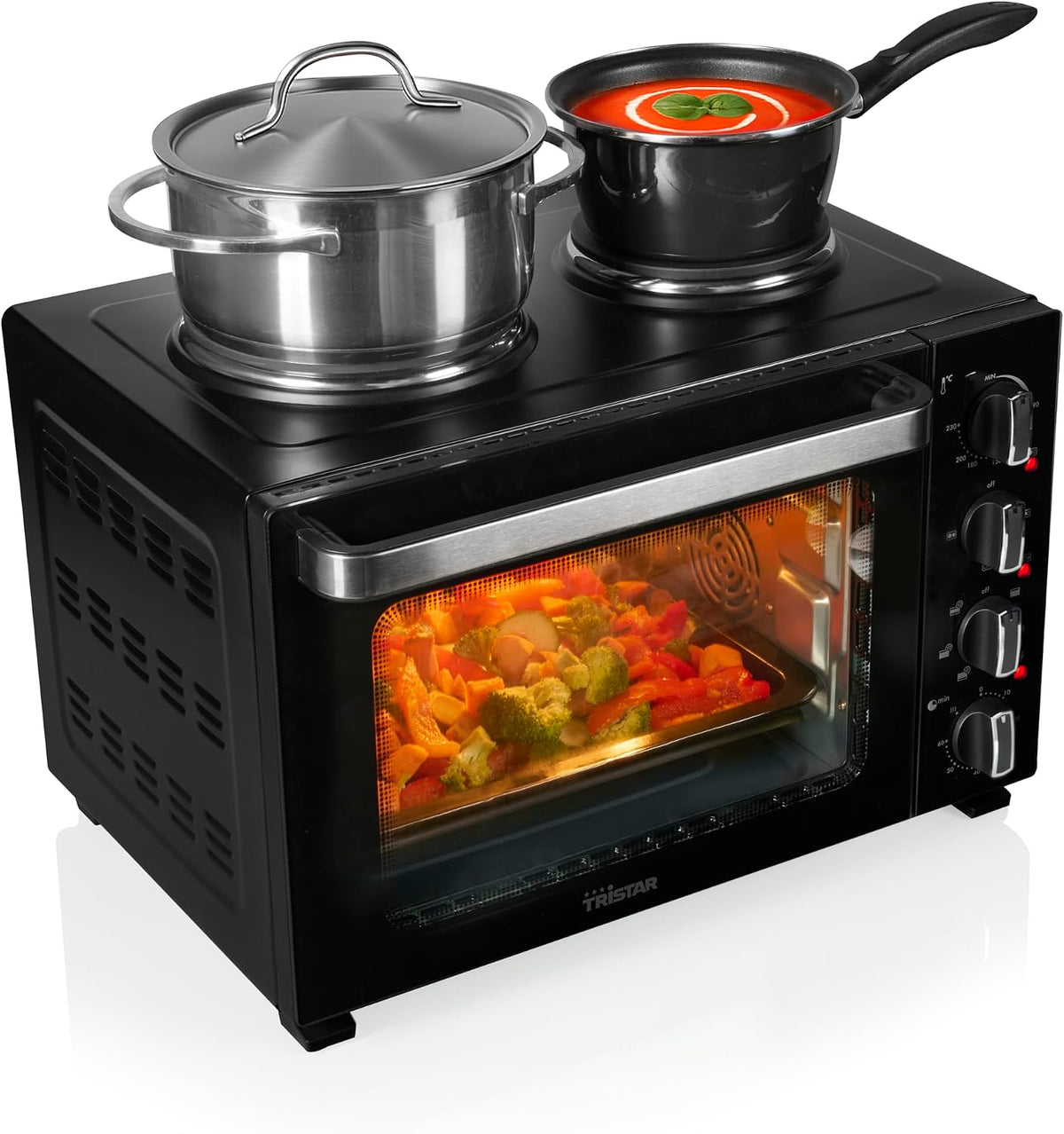 Tristar Mini four, mini-cuisine compacte pour repas complets, 35 L, Four à convection avec 2 plaques de cuisson, corps en acier