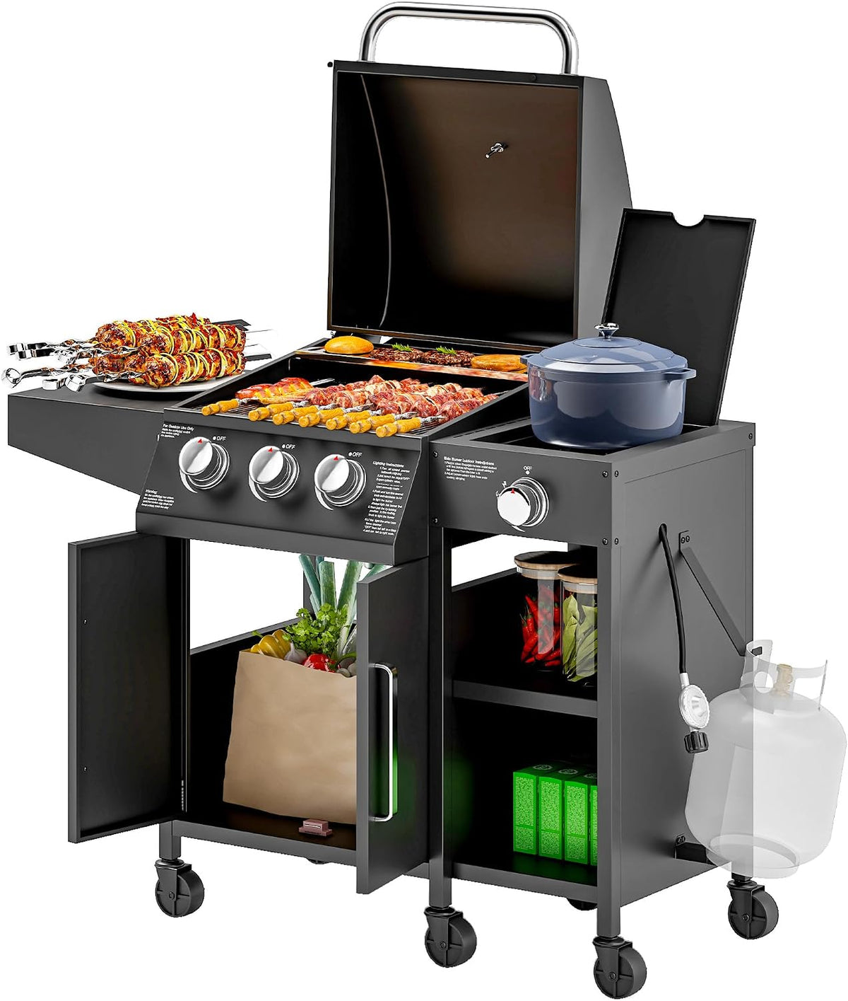 Outsunny Barbecue à gaz, 9.5 KW, 3 brûleurs, 9.5 KW Output, fonction gril