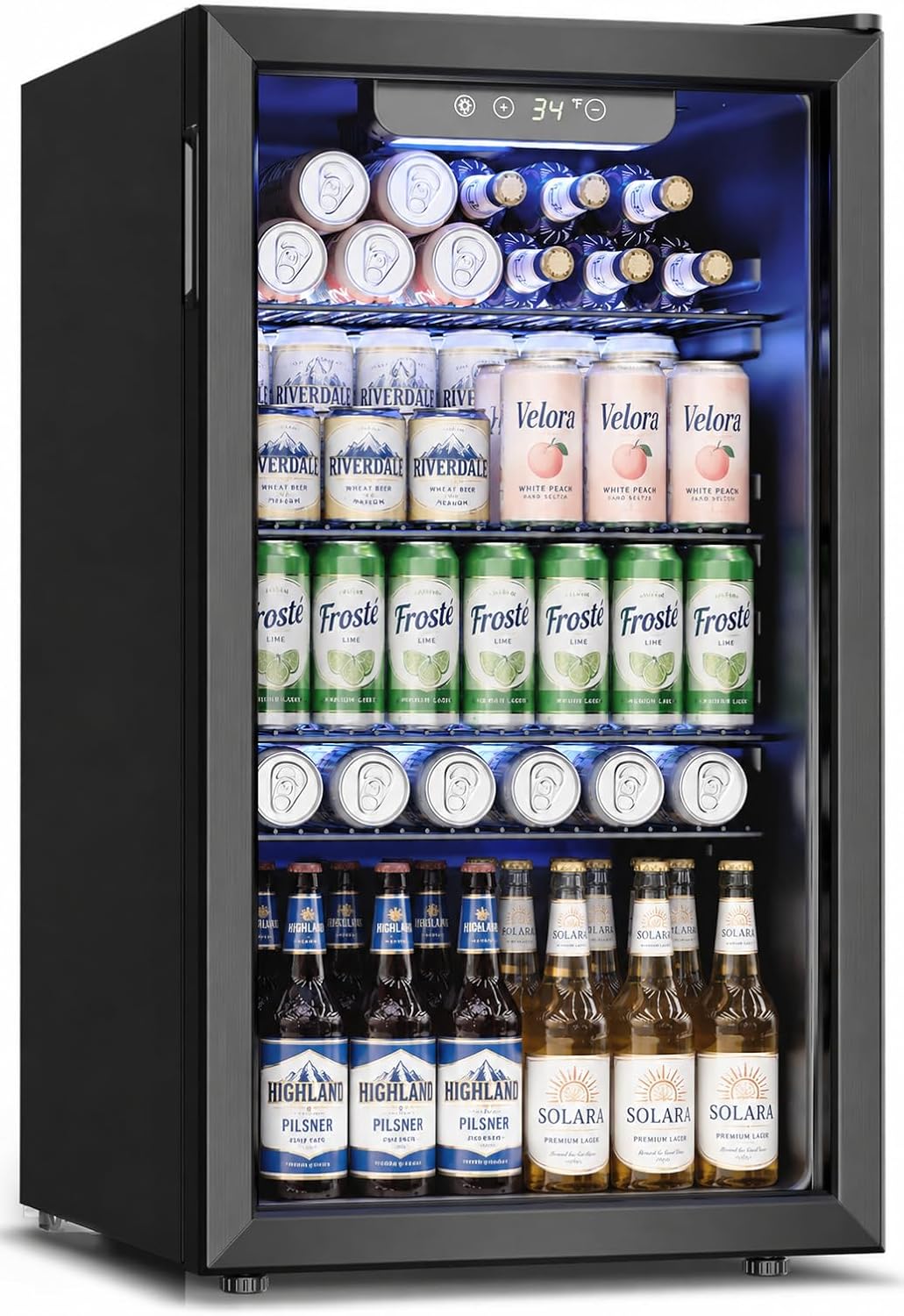 Feelfunn Réfrigérateur à boissons 3,2 pi³, jusqu'à 126 canettes, 34 à 64 °F, porte vitrée, 4 clayettes réglables, 36 dB