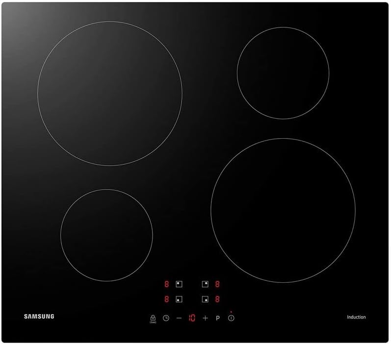 Plaque de cuisson Samsung, 59 × 52 cm, verre, 7200 W, 9 niveaux, 4 foyers, 52 centimeters, Noir, Zone plaque à induction, Verre trempé