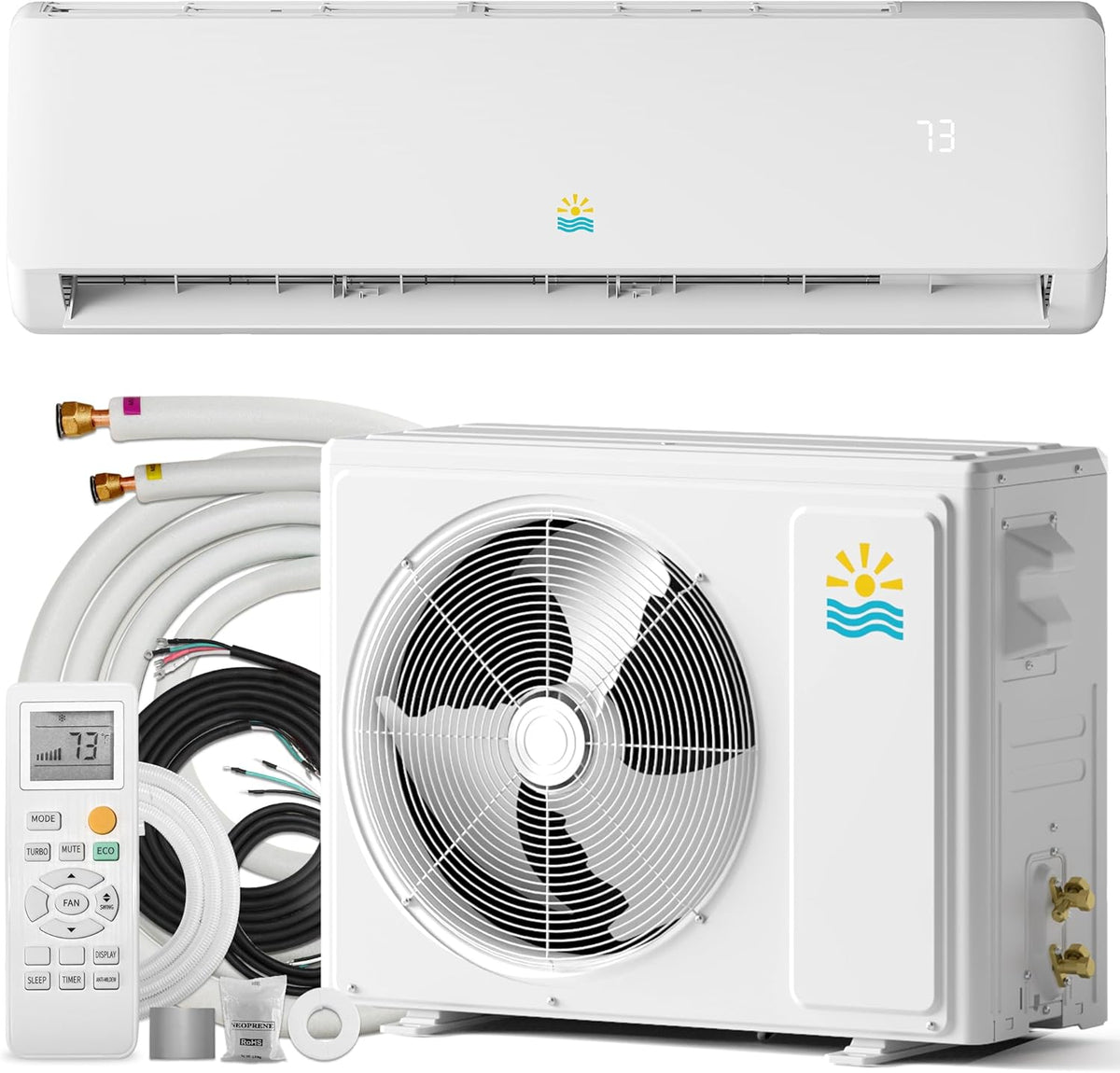 Rellytech Climatiseur split, éclairage LED, 12000 BTU, 12, 000 Btu, 12, 500 BTU, 9000 BTU, 18, 000 BTU, 4 Modes, 115V, 110V, 42dB, minuterie