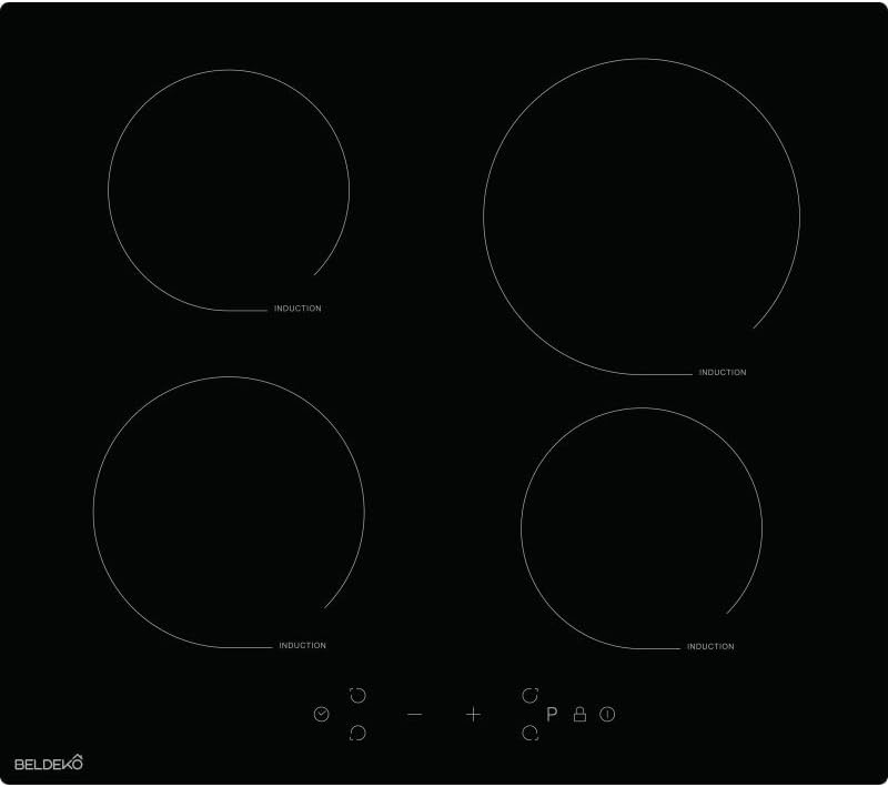 Plaque de cuisson BELDEKO, 590 × 520 × 58 mm, verre, 560 × 490 × 54 mm, 59 cm, 210 mm, 160 mm, 180 mm, 9 niveaux, 7900W, 230V, 4 foyers