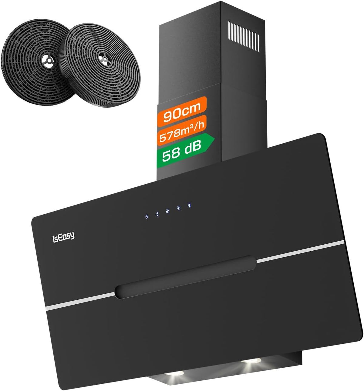 Hotte aspirante IsEasy, éclairage LED, 3 Niveaux, 58 dB, 3 W, 90 cm, 89, 5 cm, 41, 5 cm, 75 cm, 3 VITESSES, 3 Niveaux de Vitesse, 90cm