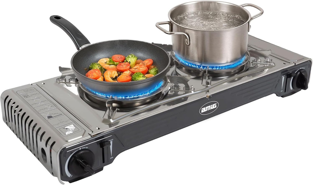 Amig Réchaud de camping, Cuisine portable, Compatible avec Cartouches B-250, acier inoxydable, CAMP02 B-250, 2, 2 kW, 2X Brûleurs
